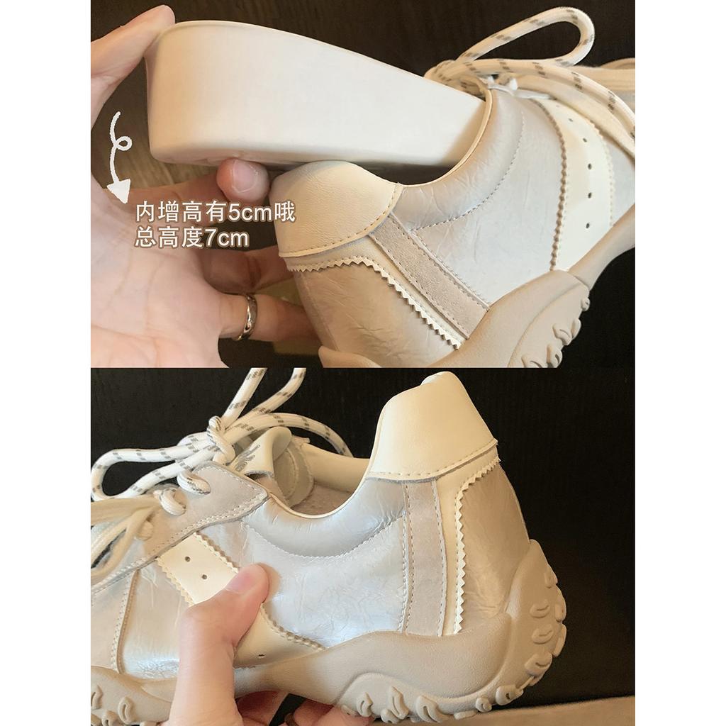 Cowhide version grape mother 7cm inner height increase casual sports shoes women's invisible pull-leg splicing round head lace-up German training shoe
