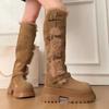 Platform Two-Wear Plush Snow Boots Women's Winter Skinny Tall Fleece Warm Non-slip Buckle Strap Long-leg Boots