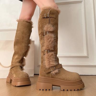 Platform Two-Wear Plush Snow Boots Women's Winter Skinny Tall Fleece Warm Non-slip Buckle Strap Long-leg Boots