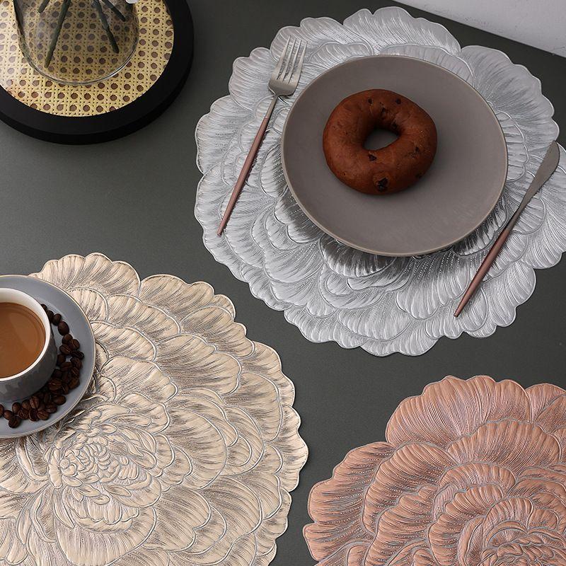 PVC Peony Flower Insulated Meal Mat Decorative Mat Dining Table Mat Hotel Home Waterproof Oil Proof Non Washable Wipable
