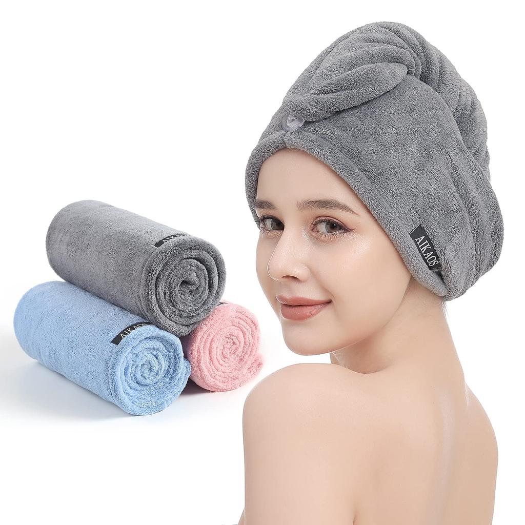 AIKAOS Microfiber Hair Towel Wrap for Women, 3 Pack 11 Inch X 28 Inch Super Absorbent Quick Dry Hair Turban, 2 Buttons Design for Women Wet Hair, C