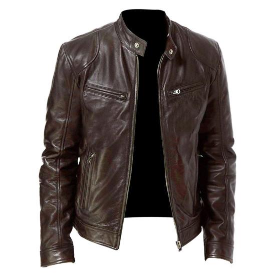 Solid Color Zipper Closure Men Jacket Faux Leather Stand Collar Multi Pockets Motorcycle Windbreaker Outerwear