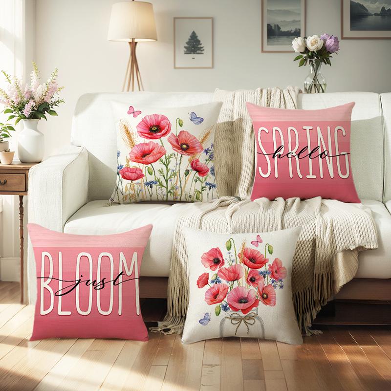 Spring Pink Flower Pillow Cover Polyester Printed Letter Floral Decoration Living Room Sofa Cushion Cover