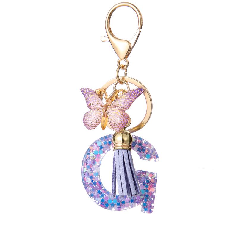 A-Z Resin Letter Keychain with Purple Butterfly Tassel Pendant for Women's Bags