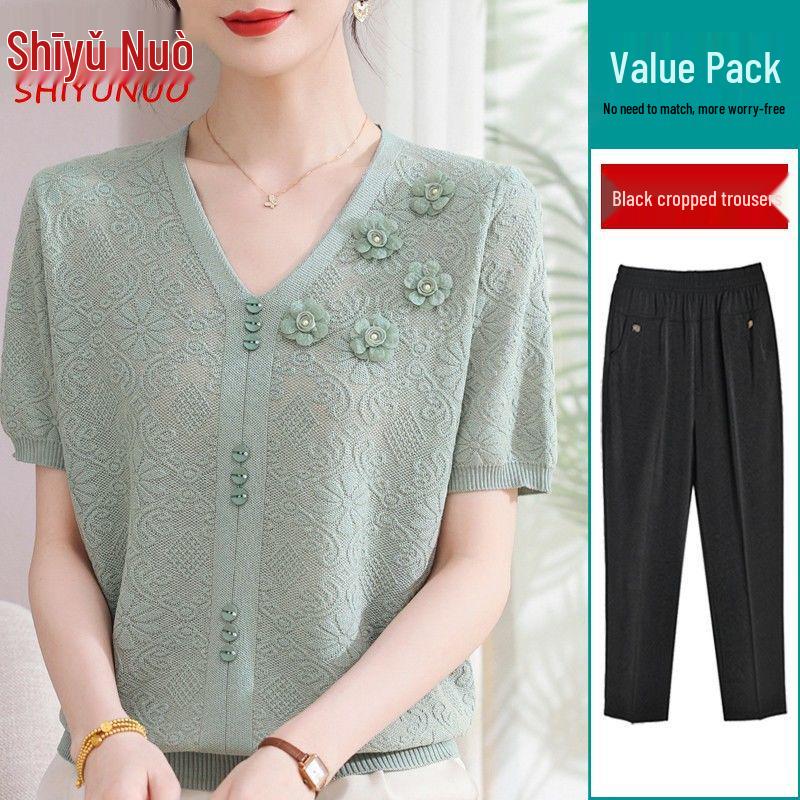 Summer 2026 Ice Silk Blouse: Fashionable Short-Sleeve for Middle-Aged and Elderly Women