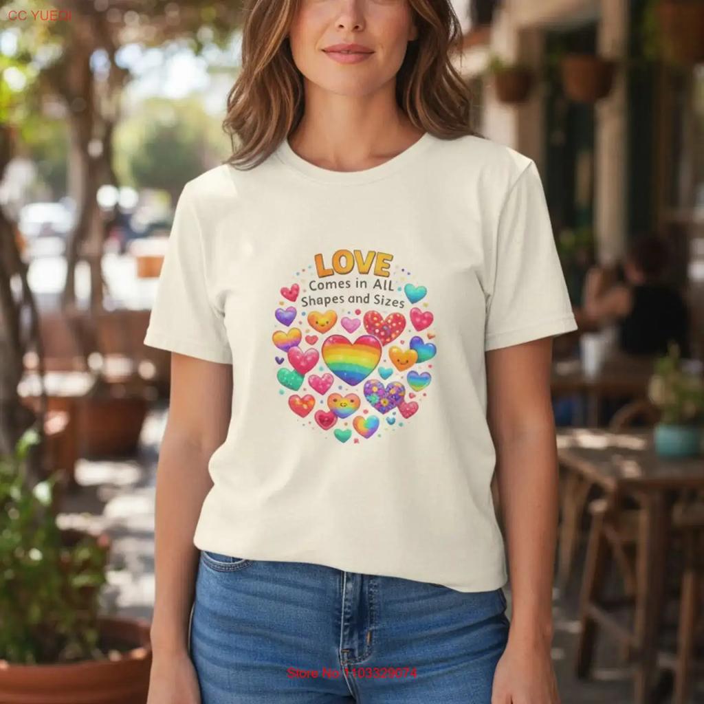 Love Comes in All Shapes and Sizes T Shirt Rainbow Heart Pride vintage Washed Slightly graphic Breathable fashion streetwear