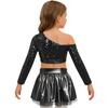 Kids Girls Jazz Dance Costume One Shoulder Long Sleeve Sequins Top with Elastic Waistband Metallic Tutu Skirt for Performance Competition