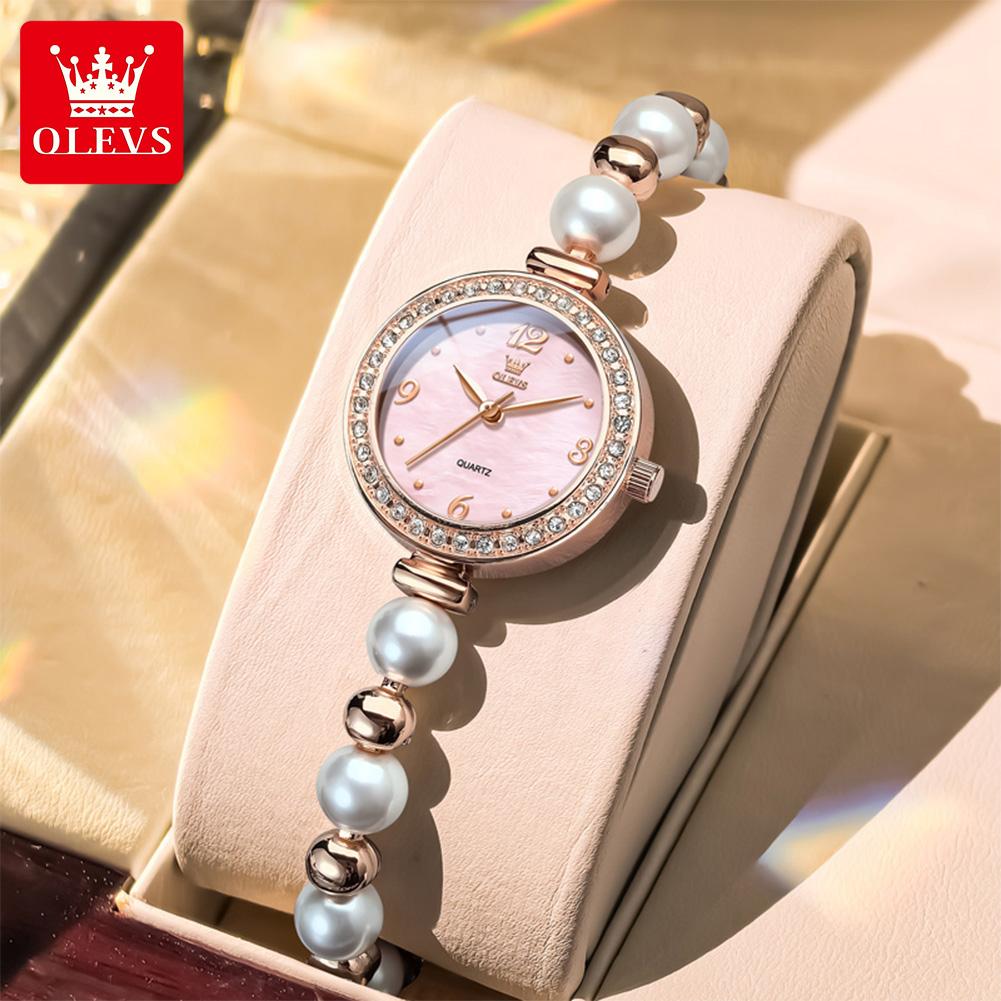 OLEVS Damen Uhr Mode Elegantes Perlenarmband Armbanduhr für Damen Luxus Diamantlünette Wasserdicht Damen Quarzuhren 5640