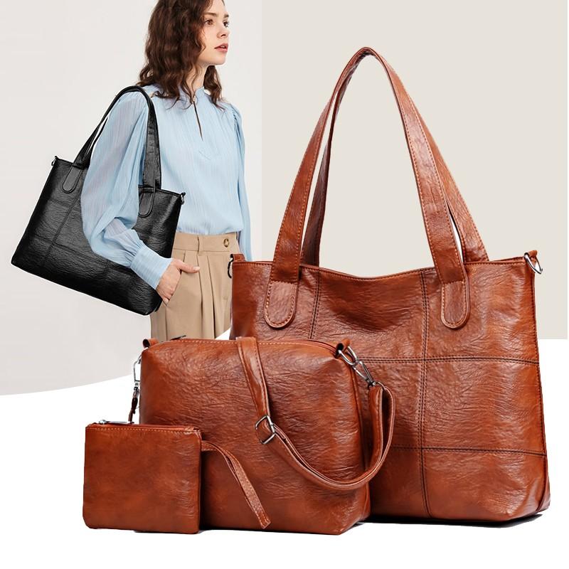 Classic Monochromatic Shoulder Bag for Women  PU  Large Capacity  Casual  Simple  Combined  Retro  Elegant  New