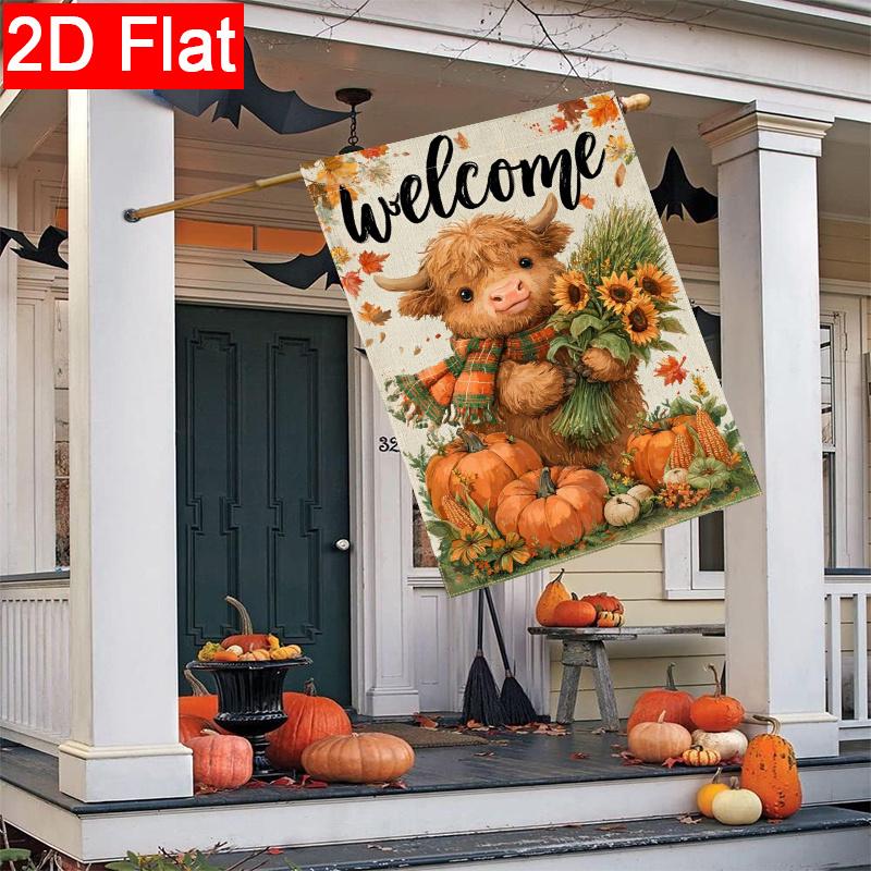 2D Flat, 2D Flat Thanksgiving Autumn Sunflowers Welcome Autumn Highland Cow Garden Flag_3 (1)- Outdoor Garden Flag Double-sided Home Decoration Courty