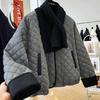 Women's Autumn Casual Warm Top Ound-neck Dark Plaid Jacket Female Long-sleeved Outer Wear Loose Coat