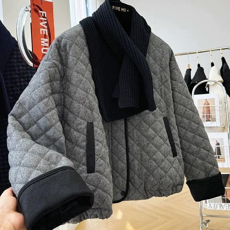 Women's Autumn Casual Warm Top Ound-neck Dark Plaid Jacket Female Long-sleeved Outer Wear Loose Coat
