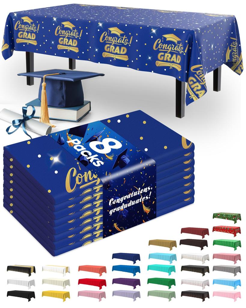 Pureegg Plastic Table Cloth Disposable 8 Pack, 54 x 108 Inch Table Cloths, Graduation Decorations Class of 2025, Graduation Party Tablecloths,