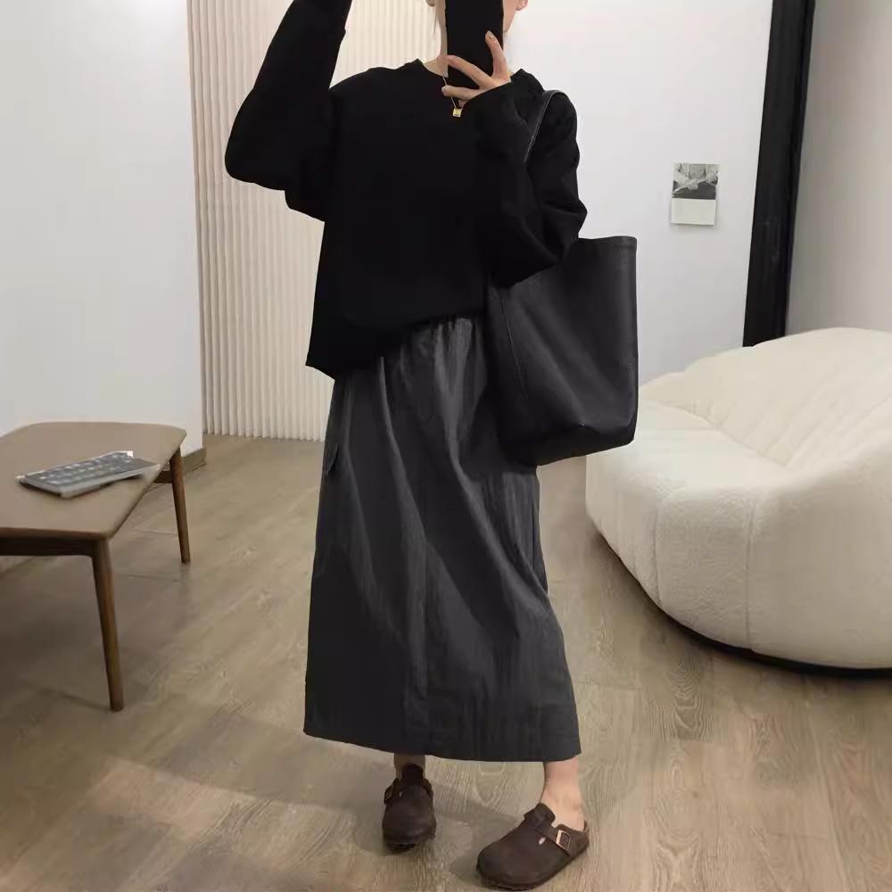 Women's Crew Neck Raglan Sleeve Sweatshirt Loose Fit Solid Color Korean Casual Style Autumn Cropped Cotton Pullover Versatile Daily Long Sleeve Top