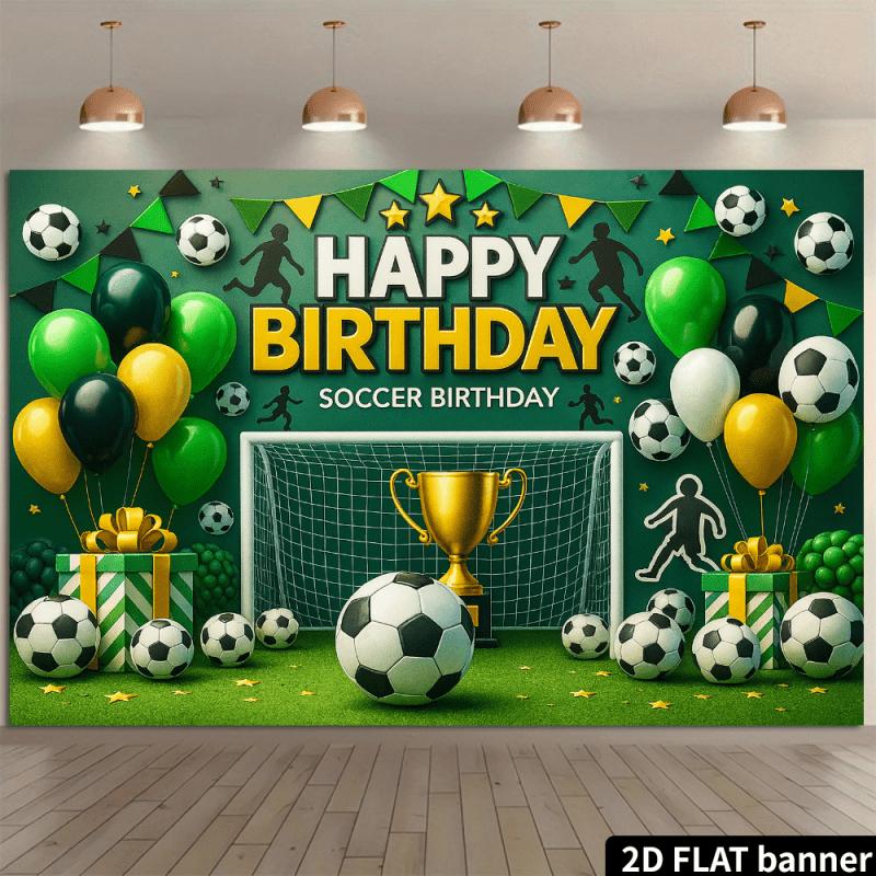1pc, 2D flat, passionate football birthday background banner including goal + gold trophy + football + balloon background, wsj