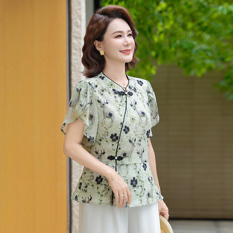 

New Women s Summer Chinese Style Printed Loose Short-Sleeve Top for Middle-Aged and Elderly. 2XL (for 105-120 jin)