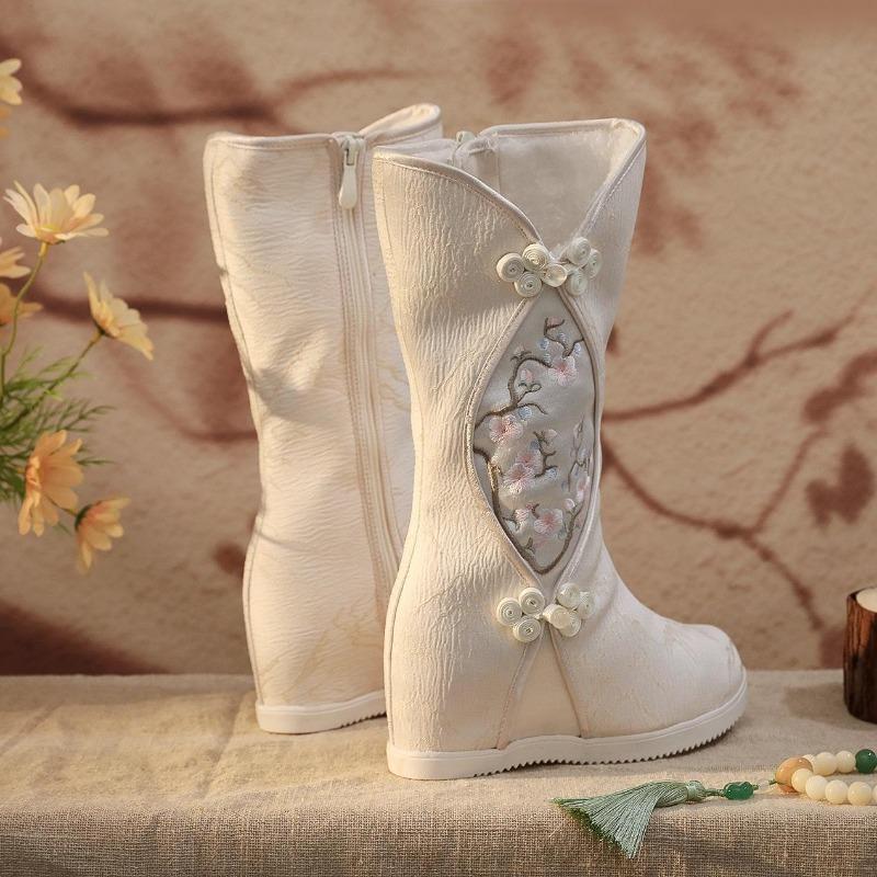 Winter Warm Mid-Calf Boots for Women Slip On Faux Fur Lining Embroidered Snow Booties Women's Comfortable Fleece Lined Side Zipper Walking Boots Shoes