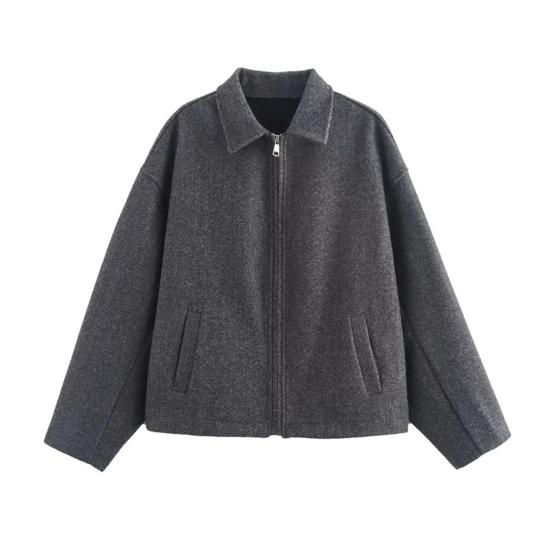 

Жіноча вовняна куртка на блискавці з довгим рукавом, лацканами, коротка, в стилі горошок , повсякденна, для осені та весни, верхній одяг з кишенями L сірий
