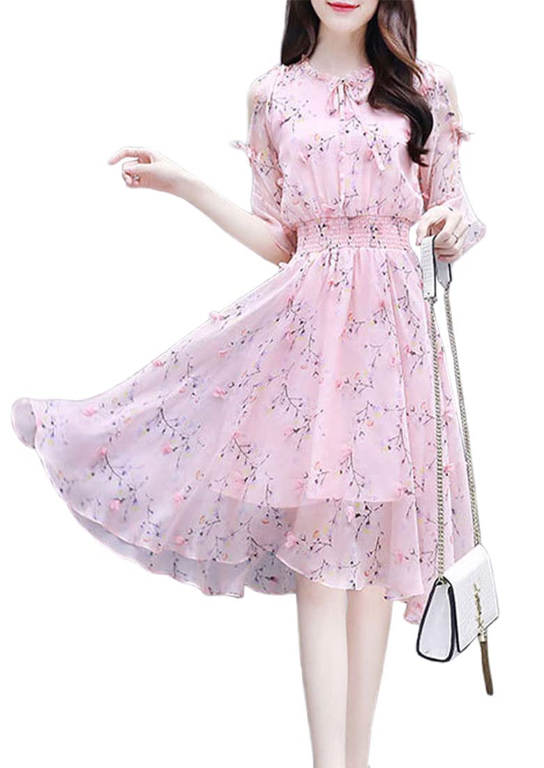 

BLZXIAN Летнее цветочное шифоновое платье с расклешенной юбкой и шифоновой юбкой, с круглым вырезом и дизайном, размер женской юбки, стройнящее, длинное, А-силуэта в сказочном стиле розовый