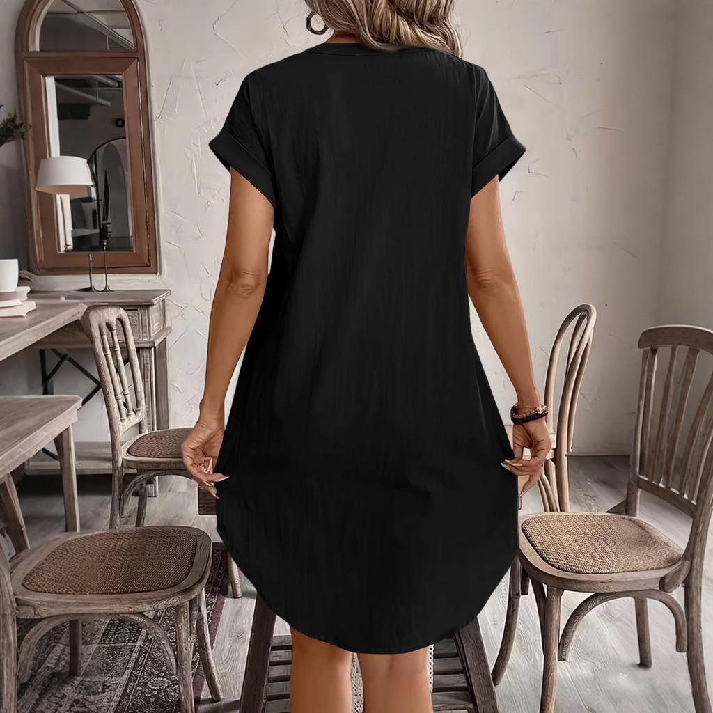 Women Casual Linen Cotton V Neck Short Sleeve Button Front Loose Fit Dress Lightweight Summer Tunic Dress with Pockets