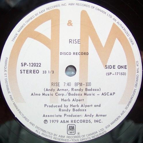 

12inch Record HERB ALPERT Rise Aranjuez Mon Amour SP12022 AM Records 1979 Canada Jazz Used