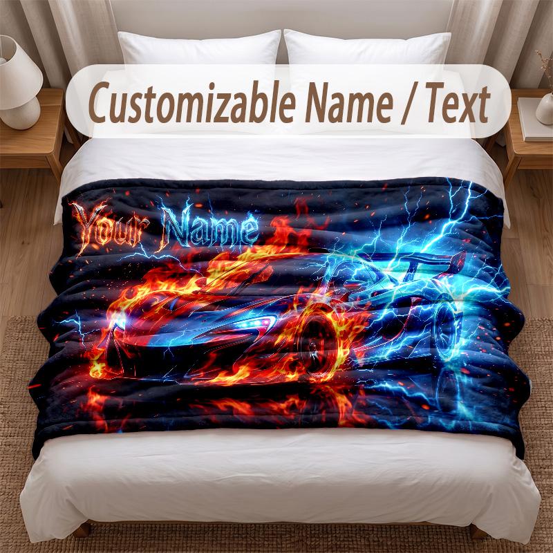 Car Racing Theme Soft Blanket Personalized Custom Name Text Print Warm Blanket Home Sofa Bedroom Decor