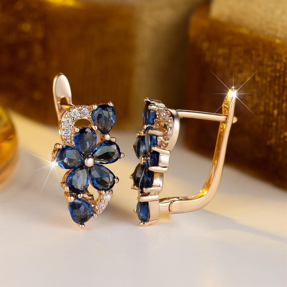 Exquisite Blue Green Purple Pink Zircon Flowers Drop Earrings for Women Gold Color Wedding Party Jewelry Gift