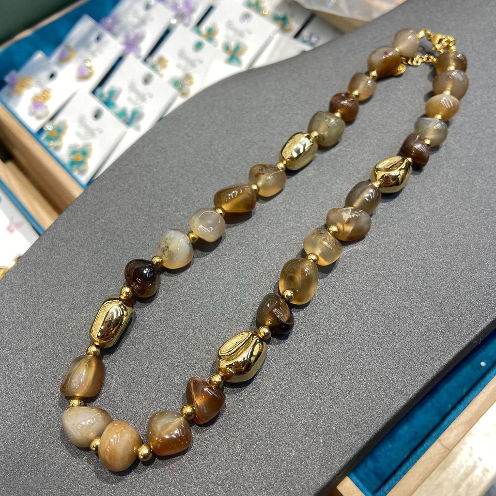 Maillard Retro Handmade Hair Crystal Brown Natural Stone Beaded Necklace Women'S Non-Fading Agate Necklace