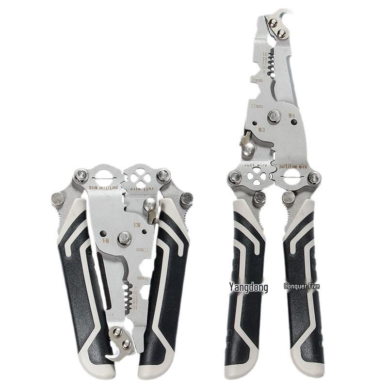 Versatile Electrician's Folding Stripping Pliers with Hook Blade for Cutting, Crimping, and Wire Splitting.