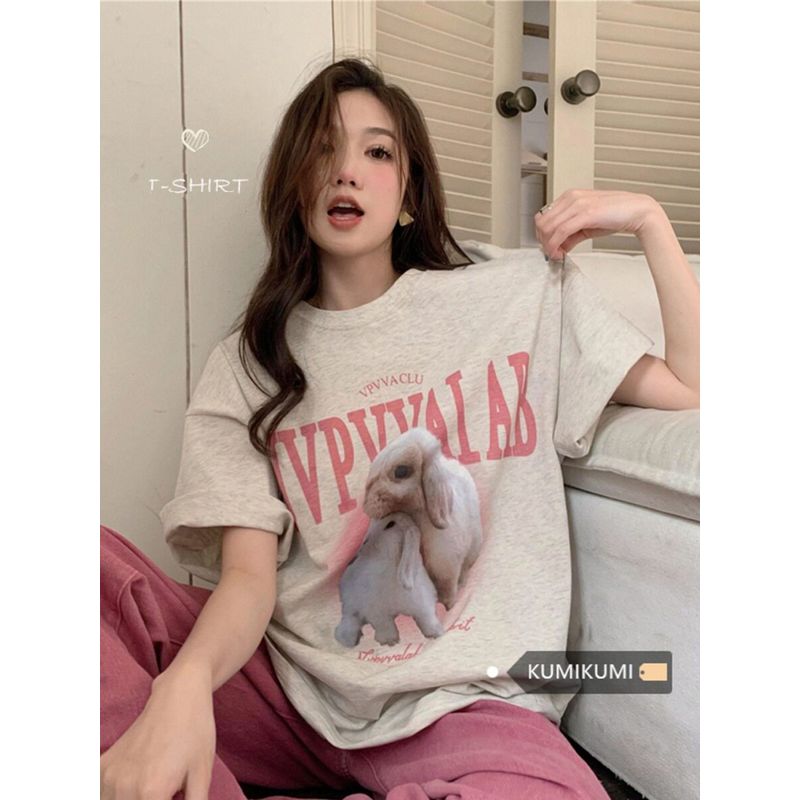 

Plus-Size Cute and Sweet Cartoon Casual Short-Sleeve Women s Summer Loose Slimming Mid-Length Large Size Short-Sleeve T-Shirt Top Flower Ash M [Recommendation 40-50kg]