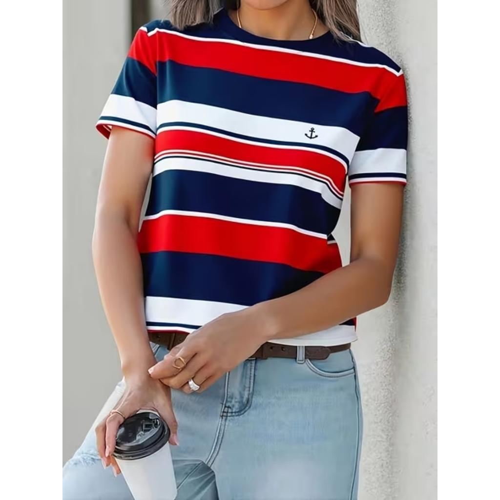 Moda Donna Retro Stampa Linee T-shirt Divertente Casual Girocollo Manica Corta T-shirt Estiva Femminile Maglietta