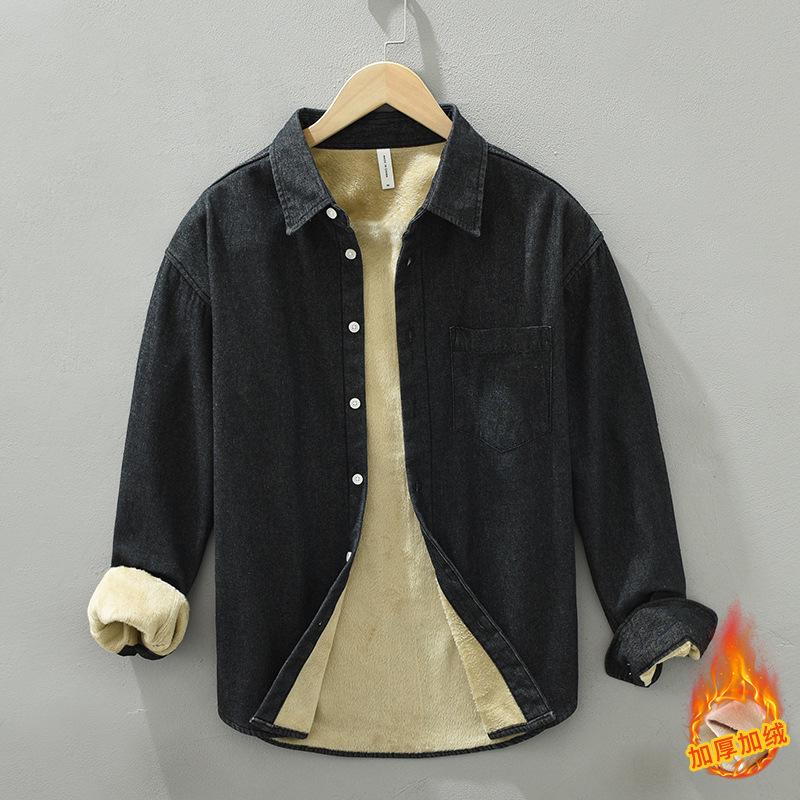 

1355 Мужская плюшевая толстая теплая джинсовая рубашка с длинными рукавами в японском стиле L чёрный
