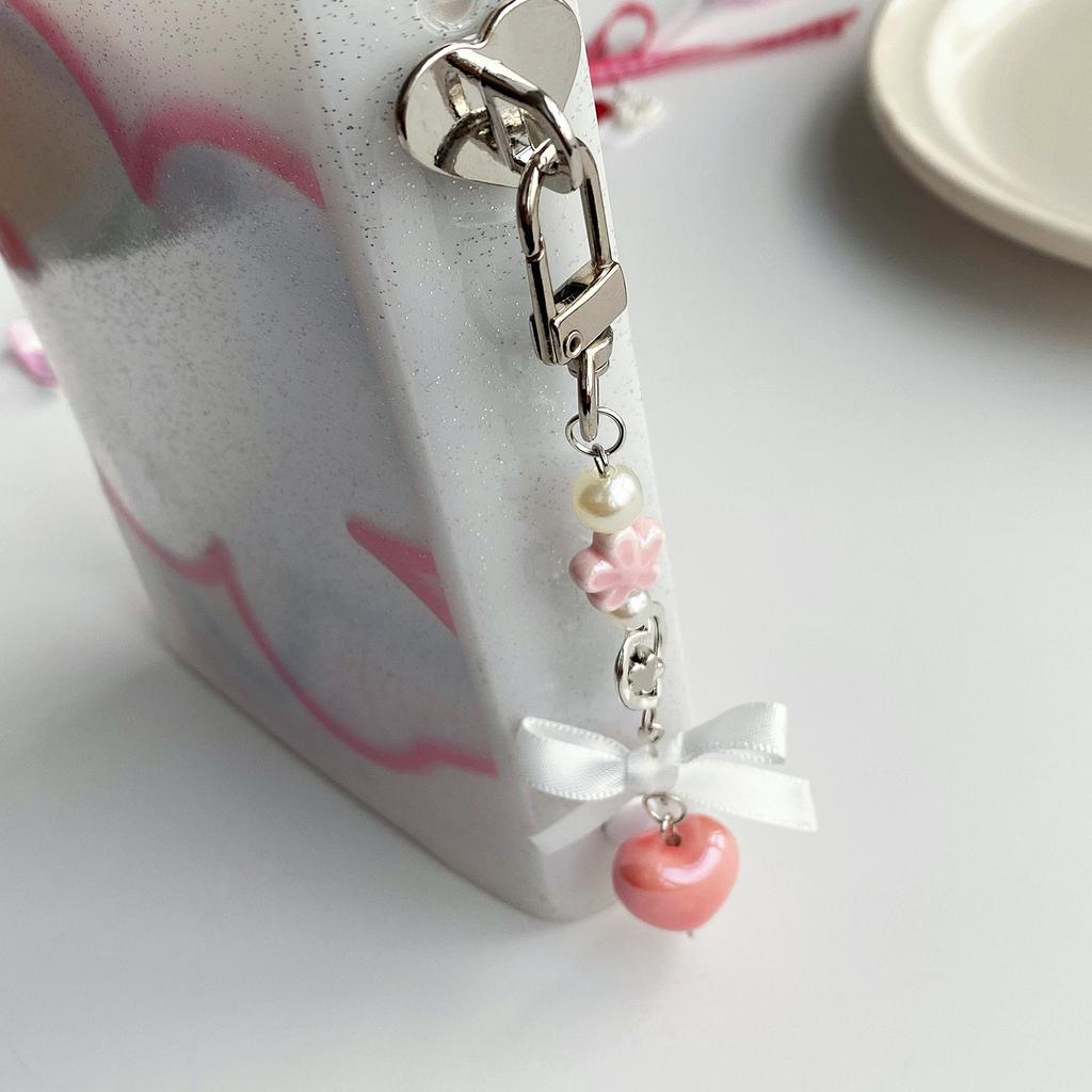 Handmade Heart Pendant Keychain Exquisite Bowknot Beaded Phone Chain Flower Charm Phone Lanyard Women Bag Accessory