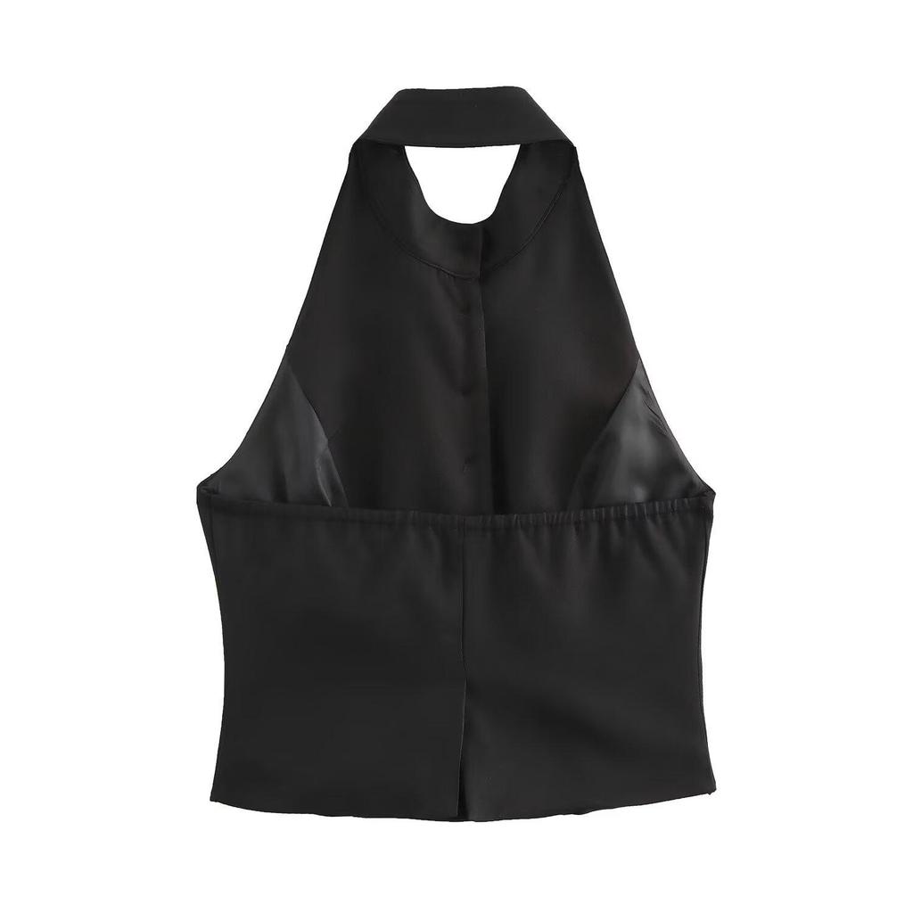 Spring 2025 Women's Double-Breasted Halter Neck Vest - European & American Style Fashion