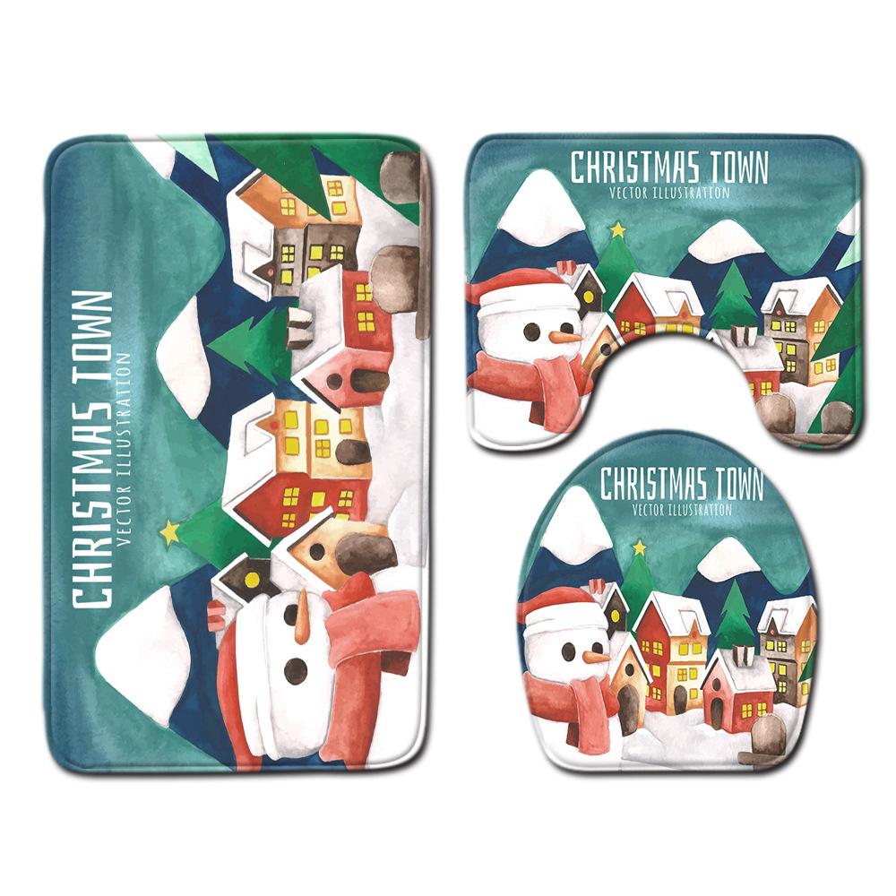 Christmas Shower Curtain Floor Mat Combination Four-Piece Bathroom Non-Slip Door Mat Foot Mat Bedroom Living Room Carpet