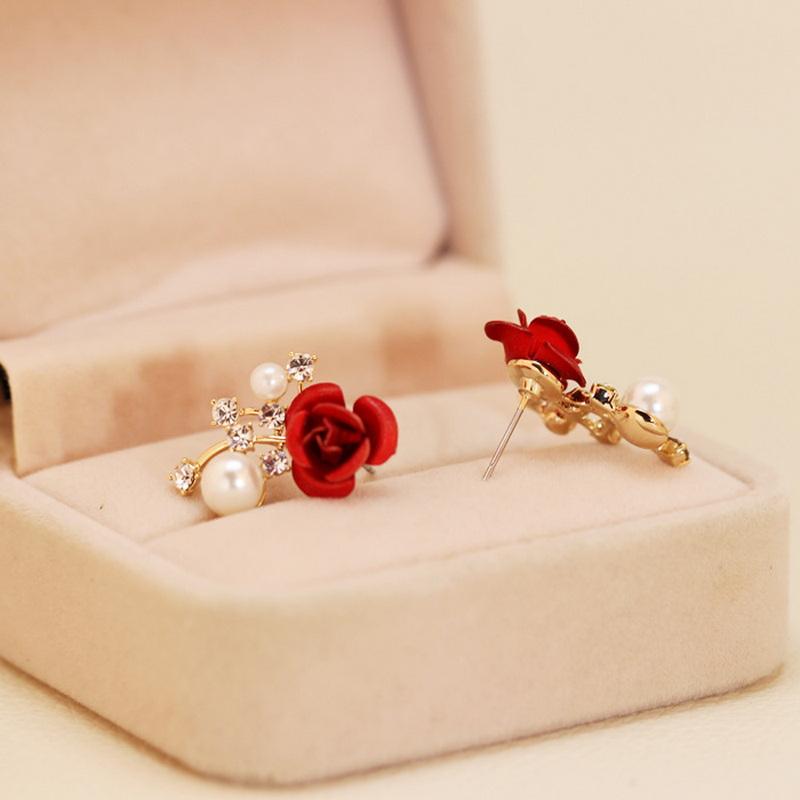 Fashion Red Rose Rhinestone Stud Earrings For Women Butterfly Angel Wings Pearl Flowers Earring Bride Wedding Engagement Jewelry