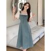 Plus Size Women's French Puff Sleeve Denim Patchwork Tea Dress - Slimming Summer Style
