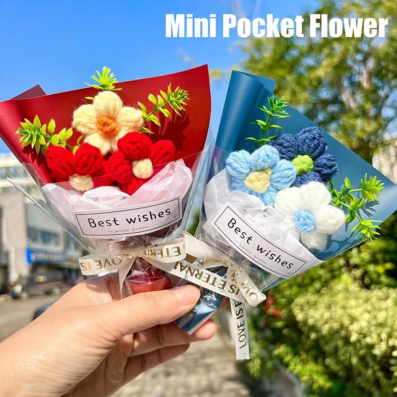 Mini Crochet Flowers Artificial Flower Bouquet Handmade Knitted Flowers Bouquet For Wedding Party Decor Valentine'S Day Gift