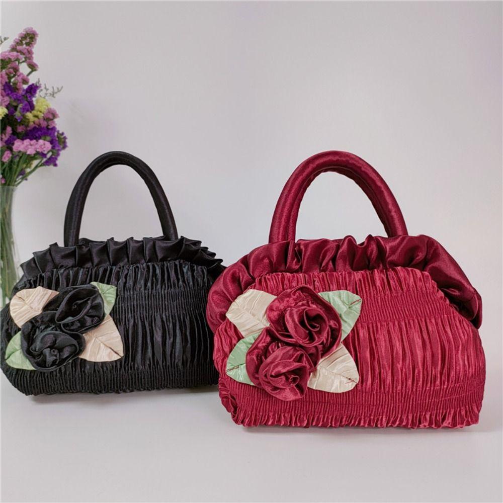 Satin Silk Zipper Flower Tote Bag Leaf Ethnic Style Wrist Bag Hanfu Rose Flower Handbag Daily