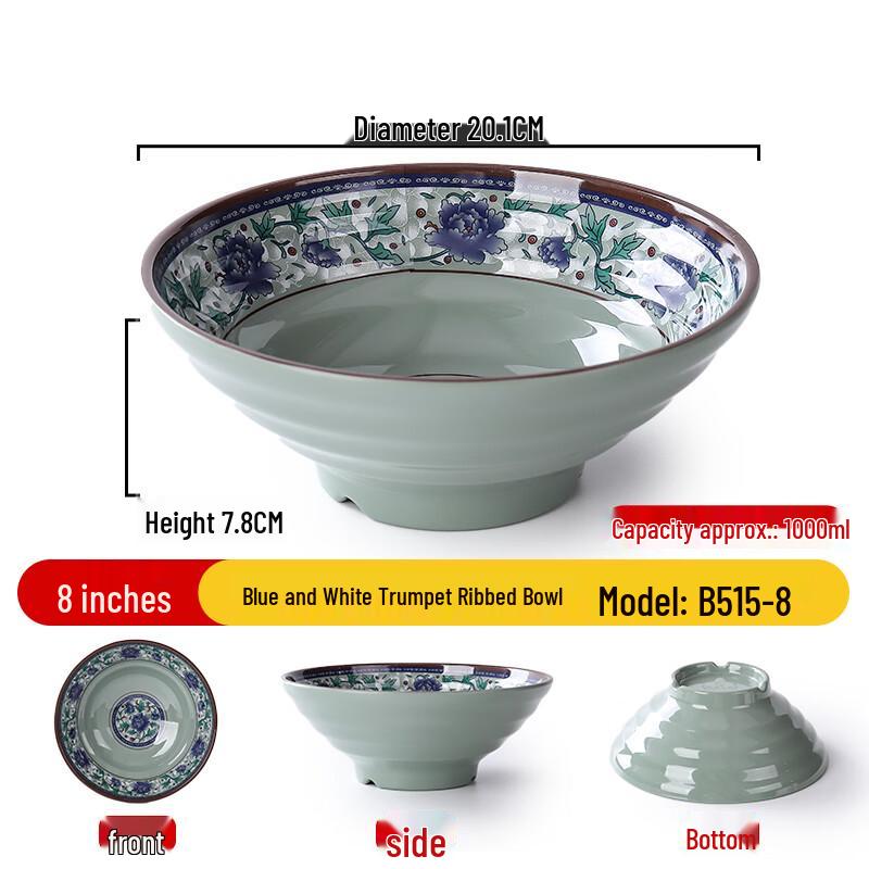 Commercial 8-inch Melamine Noodle & Soup Bowl - Blue & White Floral