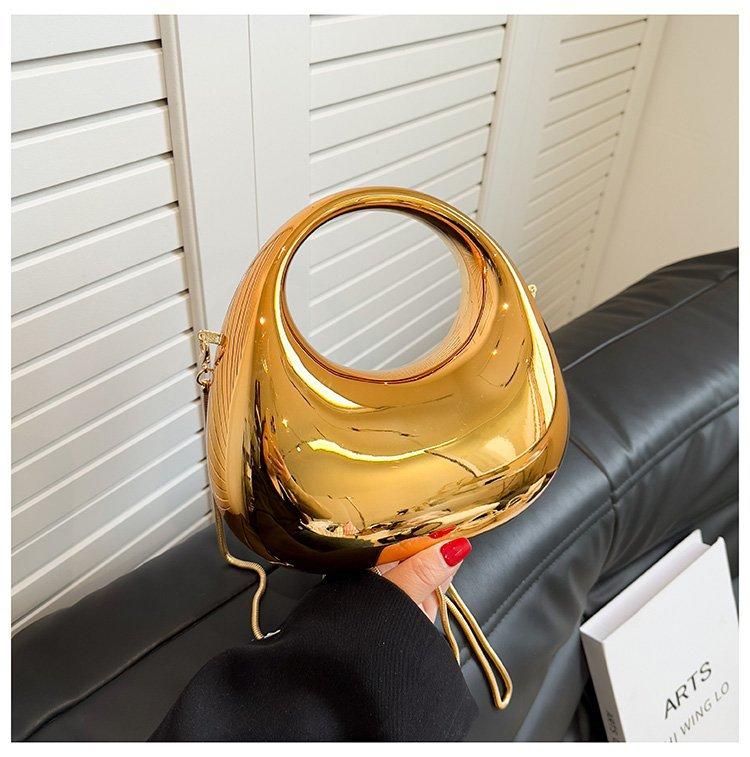 New Mini Gold Evening Handbag PVC Metallic Luster Half-moon Party Women's Bag Small and Versatile Round Handle Messenger Bag