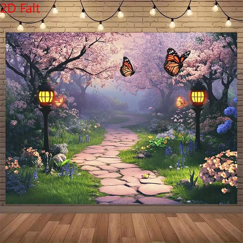 

2D Whimsical Fairy Garden Tapestry, Stone Path with Cherry Blossoms, Butterflies & Flowers 47.2x31.5inch/120*80cm