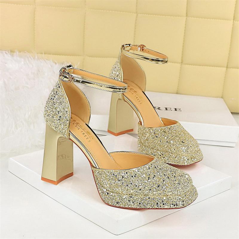 One-Strip Wedding Shoes Square Toe Shallow Mouth Waterproof Platform Thick Heel Super High Heel Sequin Sandals Fashion Elegant