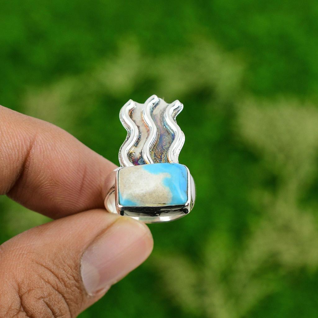 Natural Sleeping Beauty Turquoise Gemstone Statement Ring Size 6.75 925 Silver