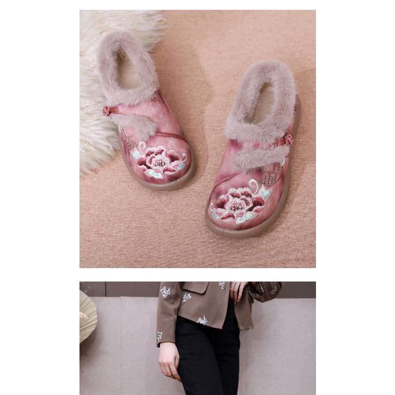 Women's Embroidered Beijing Style Slip-On Shoes, Breathable Low-Cut Comfort Flats with Soft Sole, Warm Traditional Cloth Shoes for Women