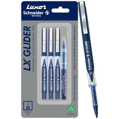 Luxor Schneider, Lx Glider Stifte, 3er-Pack, Tinte- Blau+ 1 Mine, Hybridspitze, Nachfüllbar, Flüssigtinte Rollerball, Glatt A