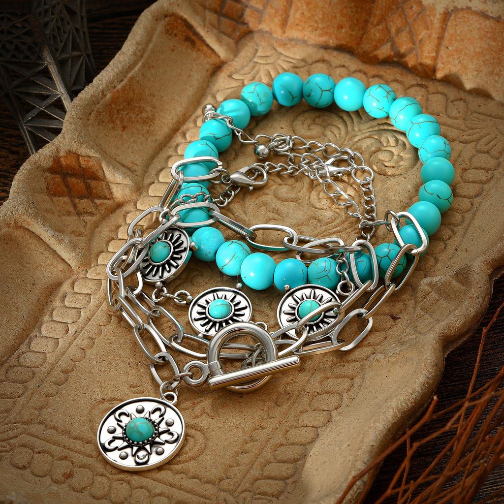Combination Jewelry, Retro Personalized Disc Turquoise Embellishment 4-Piece Set Bracelet Bracelet.