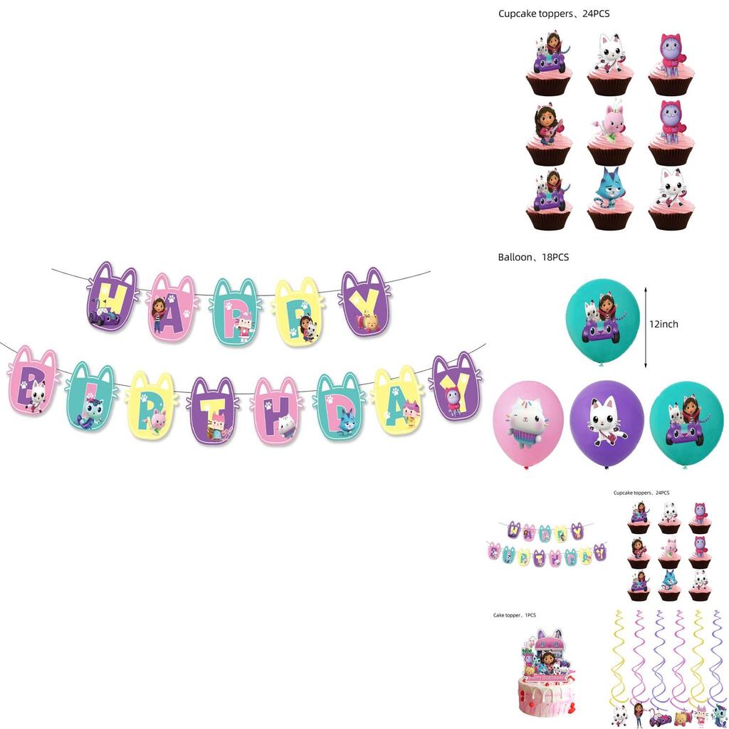 Festive Gabbys Dollhouse Kids Party Decorations With Colorful Balloons Cake Toppers And Flag Banners