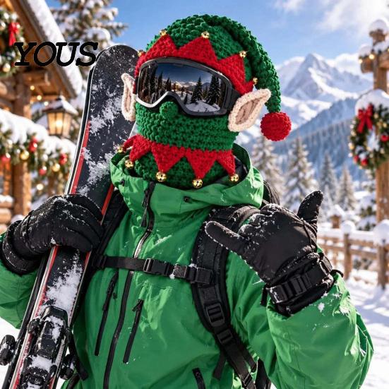 Passamontagna Termico Antivento per Sci 3D Lavorato a Maglia di Natale Maschera da Sci, Divertente Babbo Natale Elfo Pan di Zenzero Passamontagna, Maschera con Apertura per gli Occhi