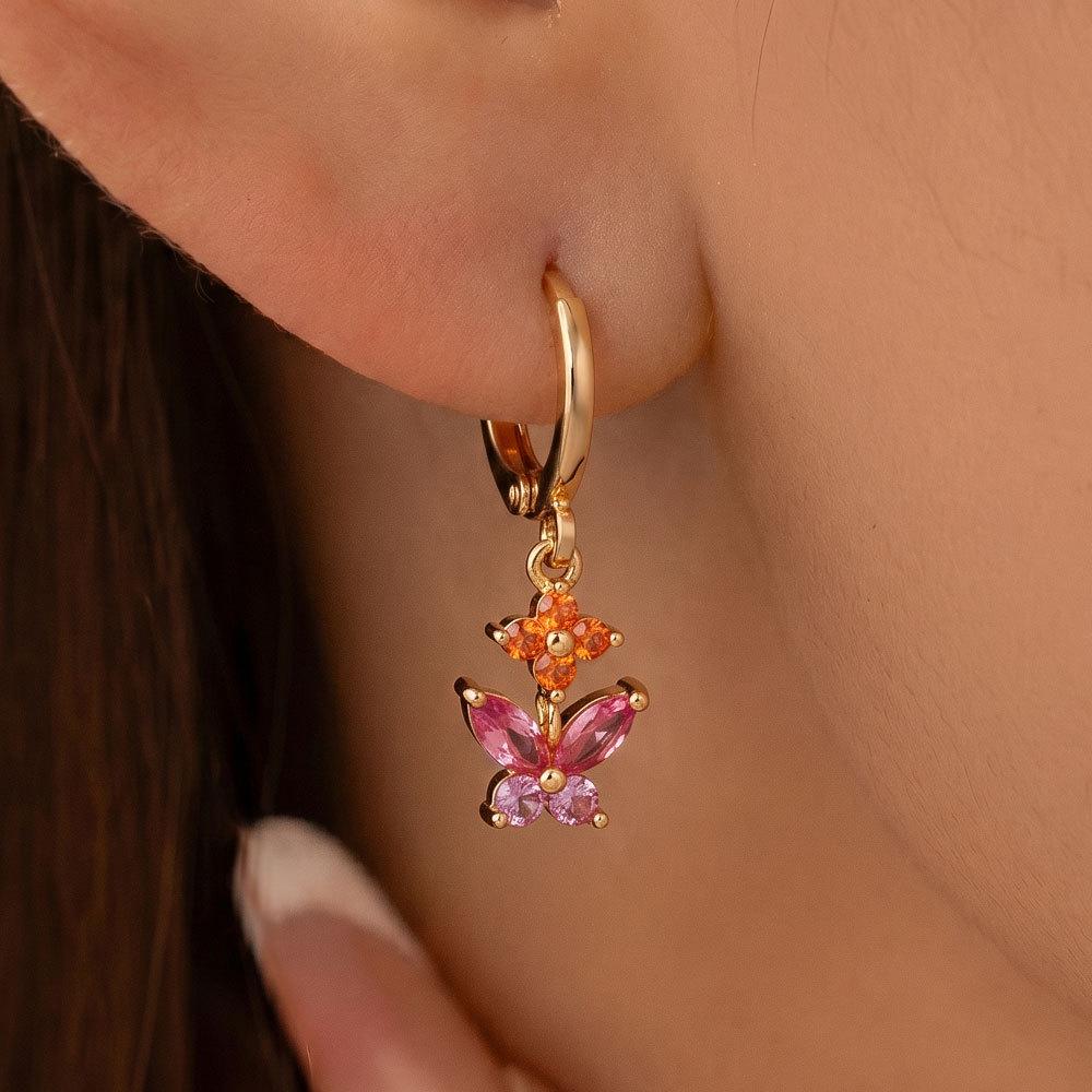 Elegant Zircon Butterfly Flower Earrings - Versatile Light Luxury Style for Women